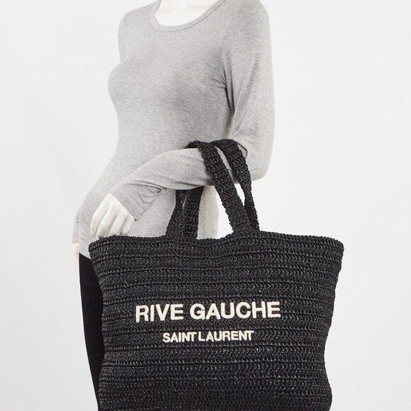 Yves Saint Laurent Black Woven Straw Rive Gauche Tote Bag - Picture 1 of 10